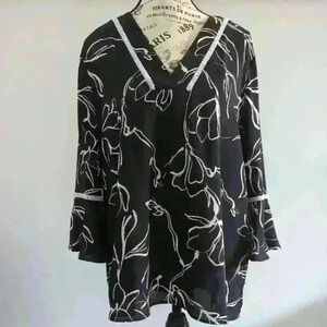 KARL LAGERFELD | Women's Black/White Beaded  Bell Sleeved Floral Chiffon…